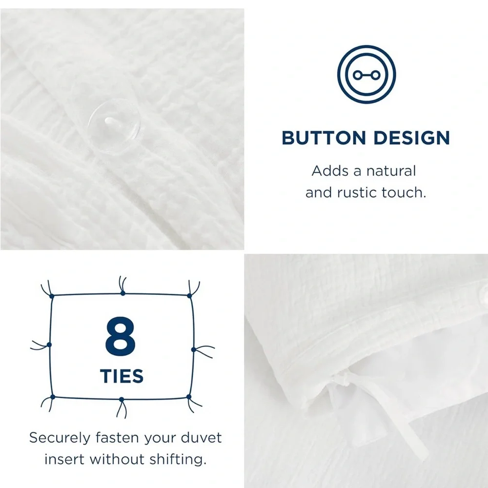 NIP Bedsure 100% Muslin Cotton Duvet Cover,Queen,White,Breathable,Lightweight